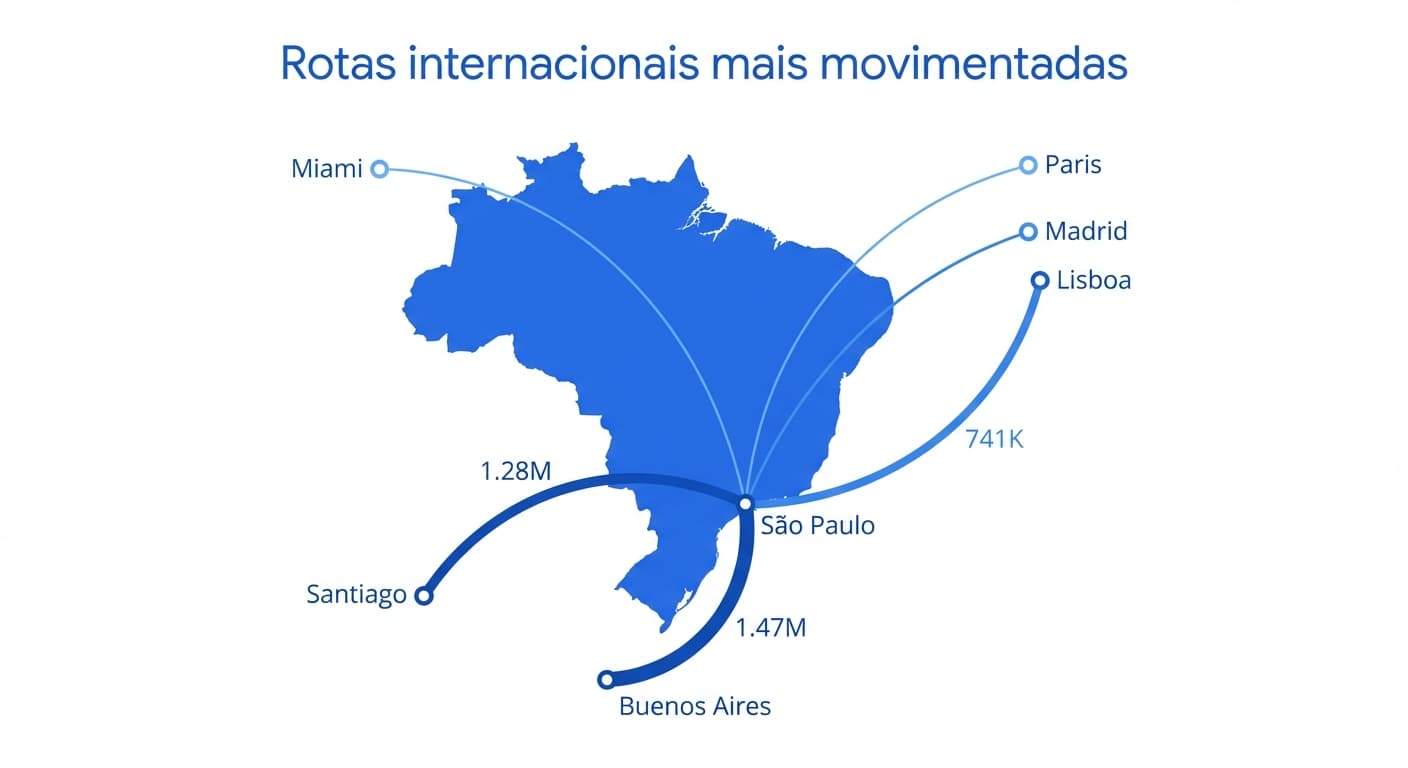 Mapa das rotas internacionais mais movimentadas partindo do Brasil